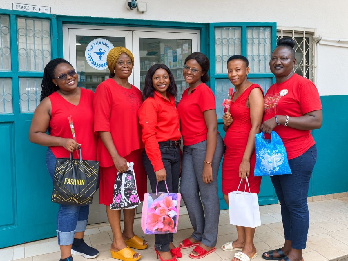 Dr Fuh and the TAF Pharmacy team serving the Limbe community.