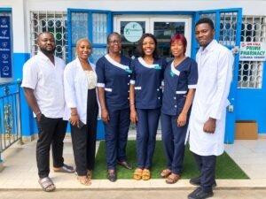Dr Fuh with the TAF Pharmacy staff team in Limbe, Cameroon