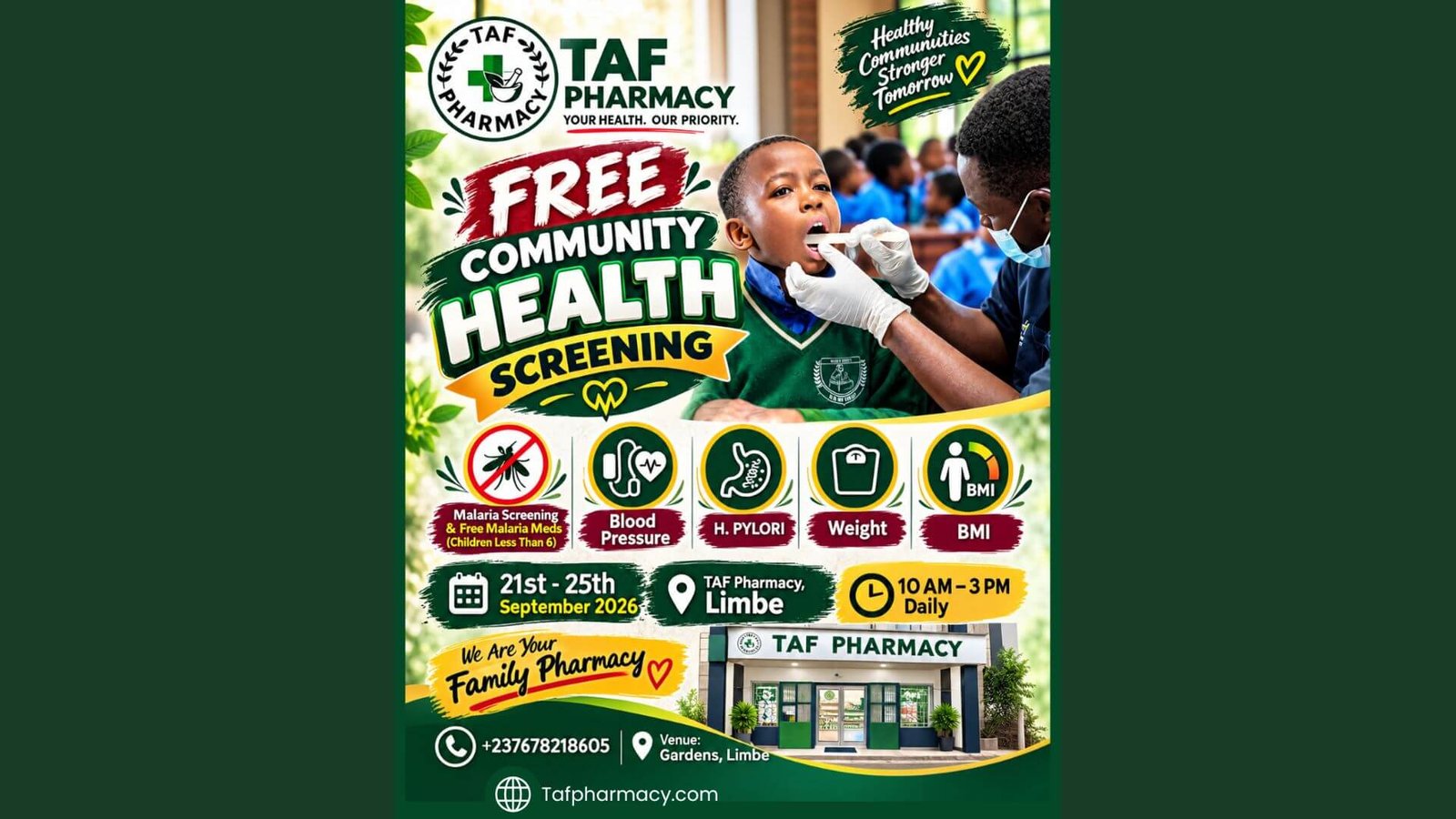 Free Community Health Screening Flyer at TAF Pharmacy Limbe Cameroon